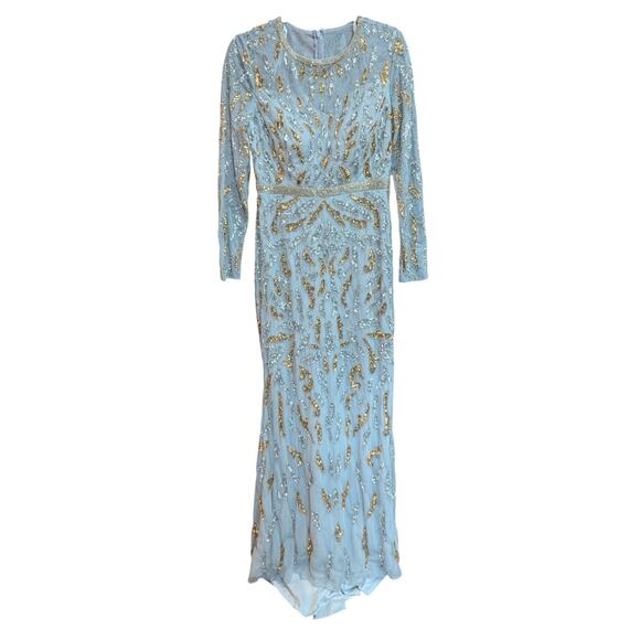 Mac Duggal Size 6 Gown Beaded Long Sleeve Dress Silver Blue with Gold Sequins - Picture 2 of 6